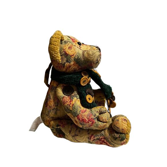 NWT VTG Dan Dee Poseable Tapestry Bear 13"" Green Chenille Scarf and Buttons - Picture 4 of 8